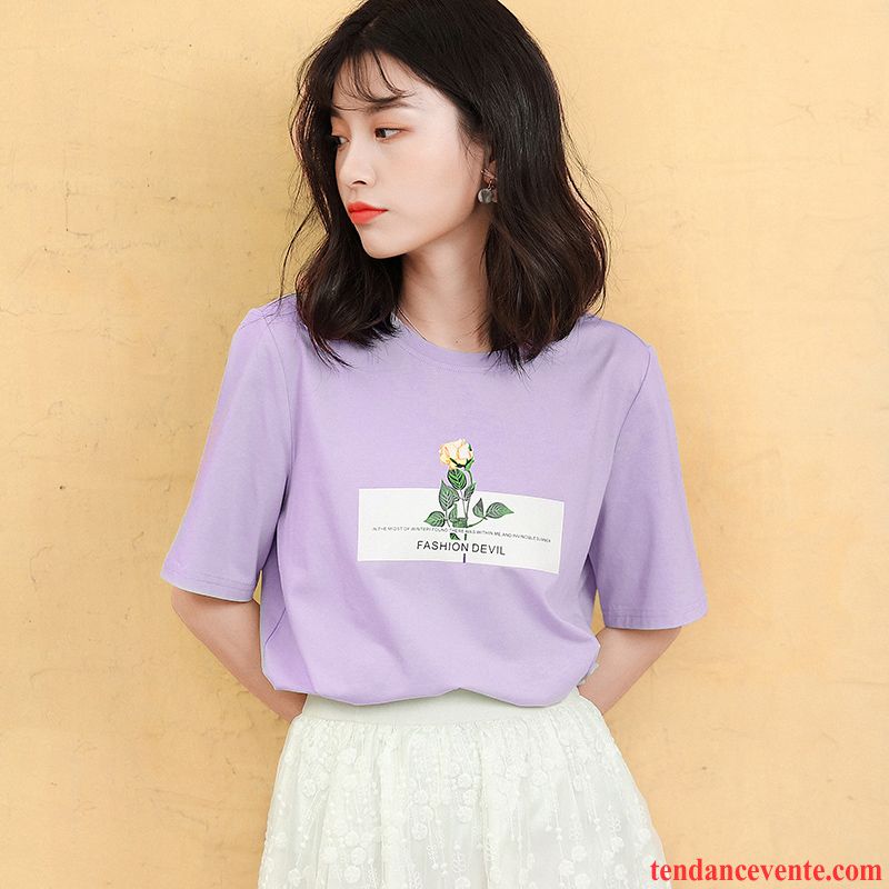 T-shirts Femme Étudiant Une Veste Été Baggy Courte Tendance Blanc Violet Vert