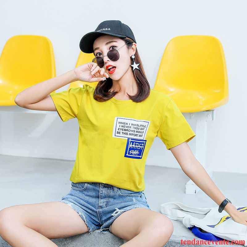 T-shirts Femme Été Lettre Coton Bio Courte Baggy Une Veste Jaune