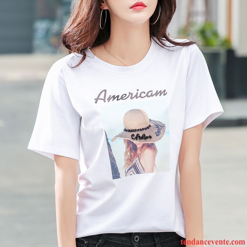 T-shirts Femme Été Tendance Courte Coton Bio Demi Manche Chemise En Bas Impression Blanc Noir