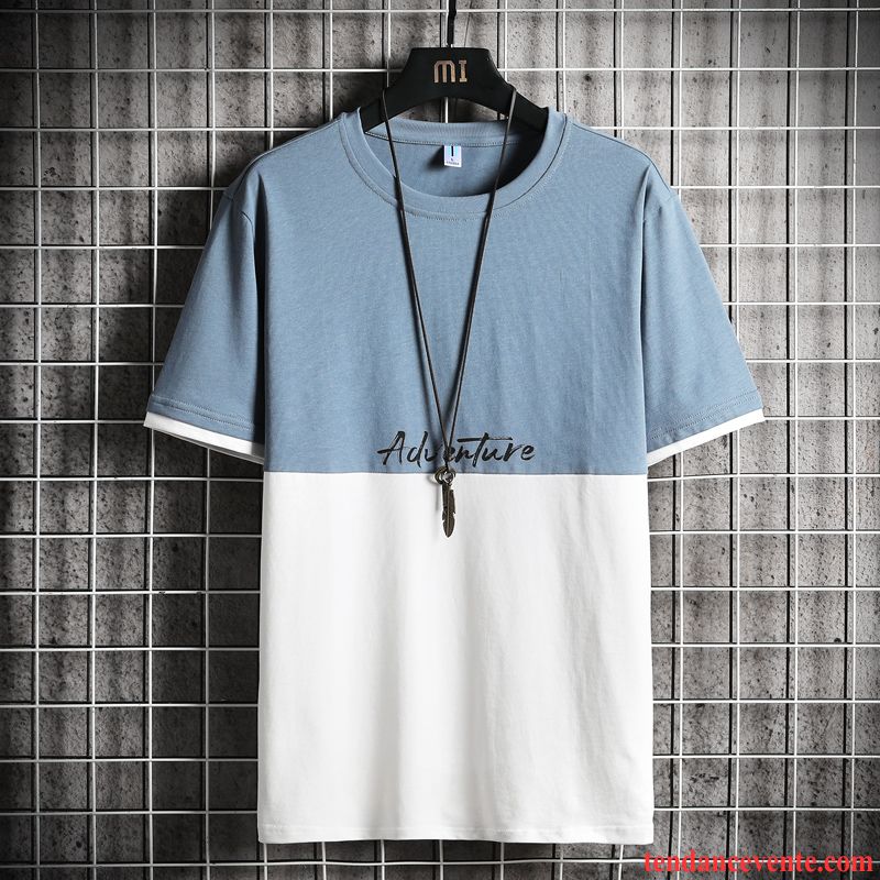 T-shirts Homme Col Rond Lettre Décontractée Courte Tendance Épissure Couleur De Contraste Bleu