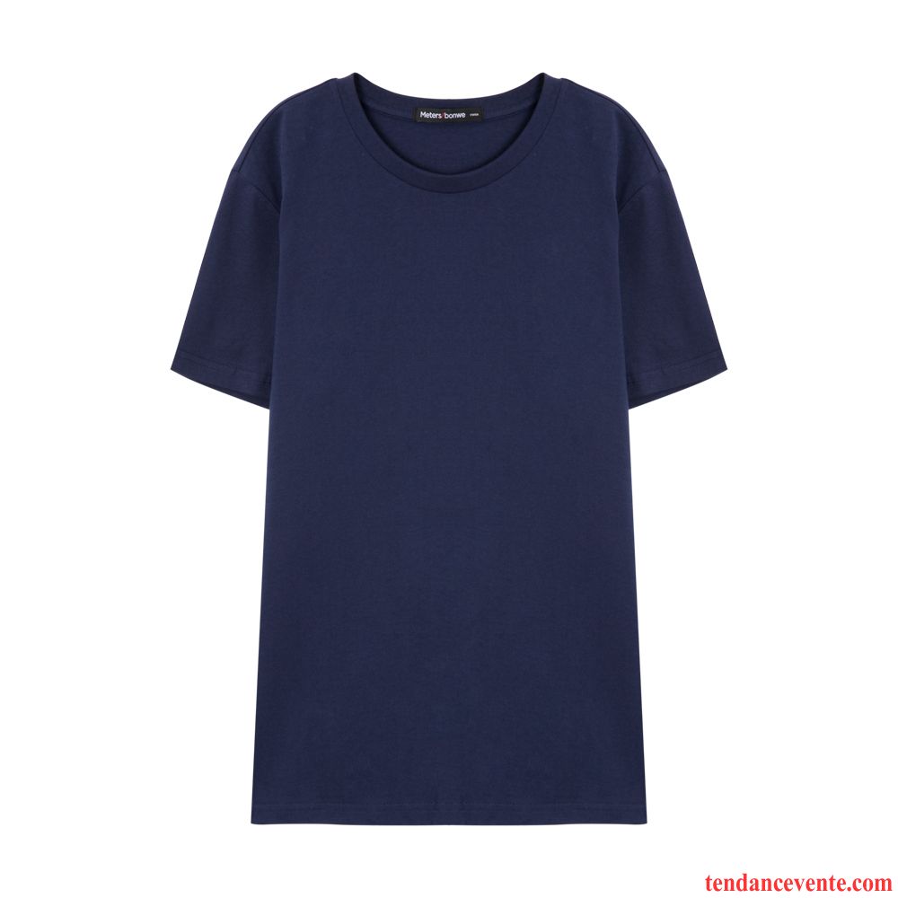 T-shirts Homme Courte Décontractée Chemise En Bas Printemps Coton Bio Tendance Pure Bleu Blanc