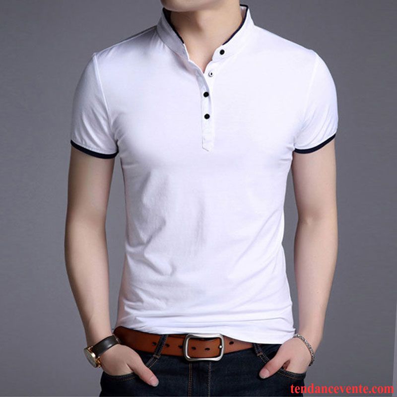 T-shirts Homme Demi Manche Deux-pièces Courte Slim Extensible Tendance Pure Blanc Noir