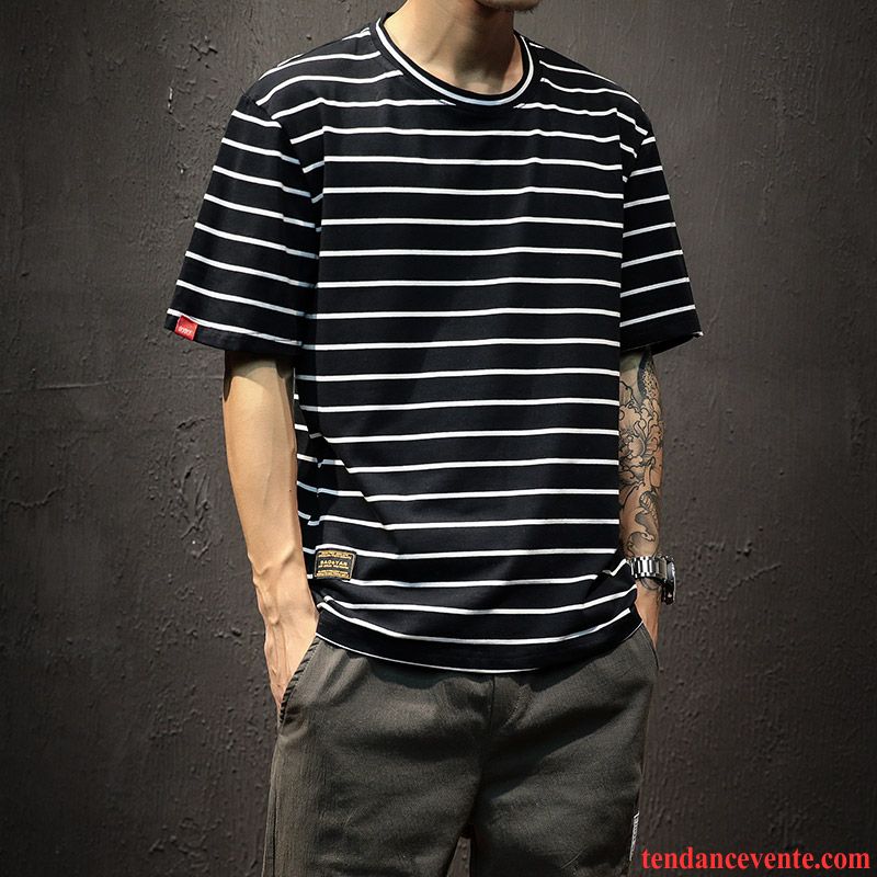 T-shirts Homme Décontractée Tendance Rayé Baggy Courte Tous Les Assortis Blanc