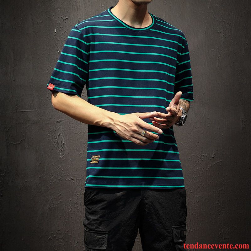 T-shirts Homme Décontractée Tendance Rayé Baggy Courte Tous Les Assortis Blanc