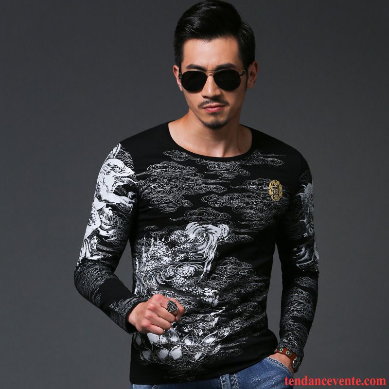 T-shirts Homme Matelassé Style Chinois Longues Printemps L'automne Impression Bleu