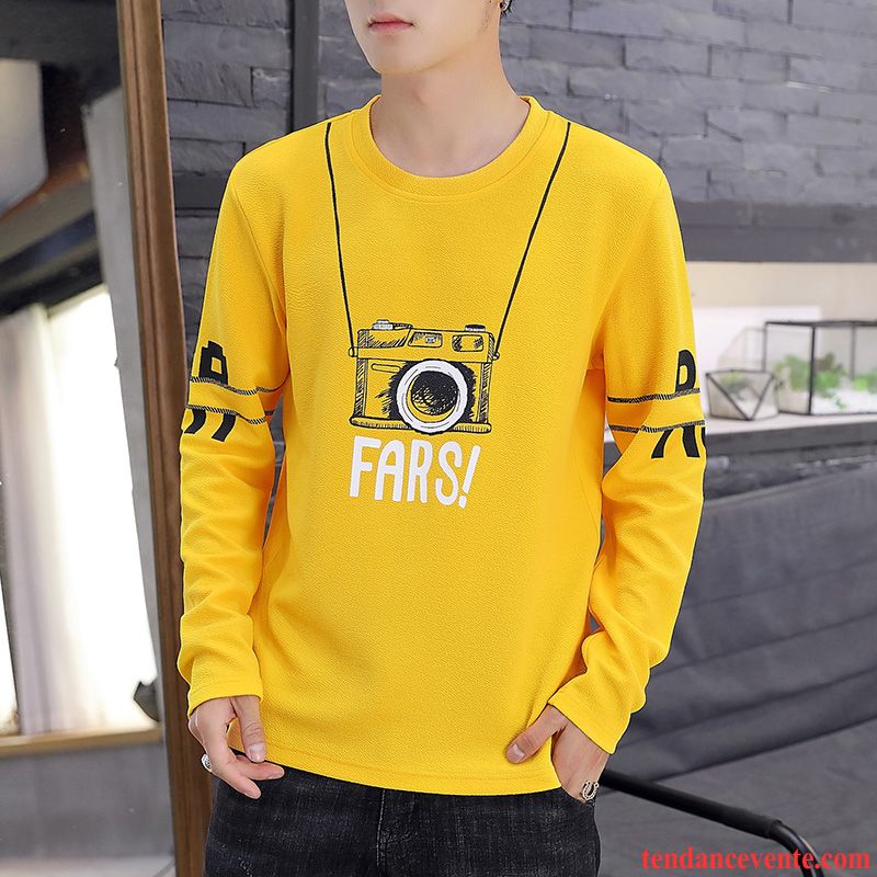 T-shirts Homme Printemps Baggy Hoodies Col Rond Longues Chemise En Bas Jaune