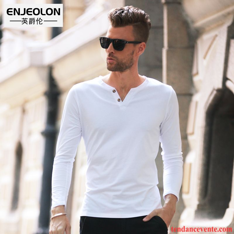 T-shirts Homme Slim Confortable Simple Longues L'automne Chemise En Bas Pure Bleu