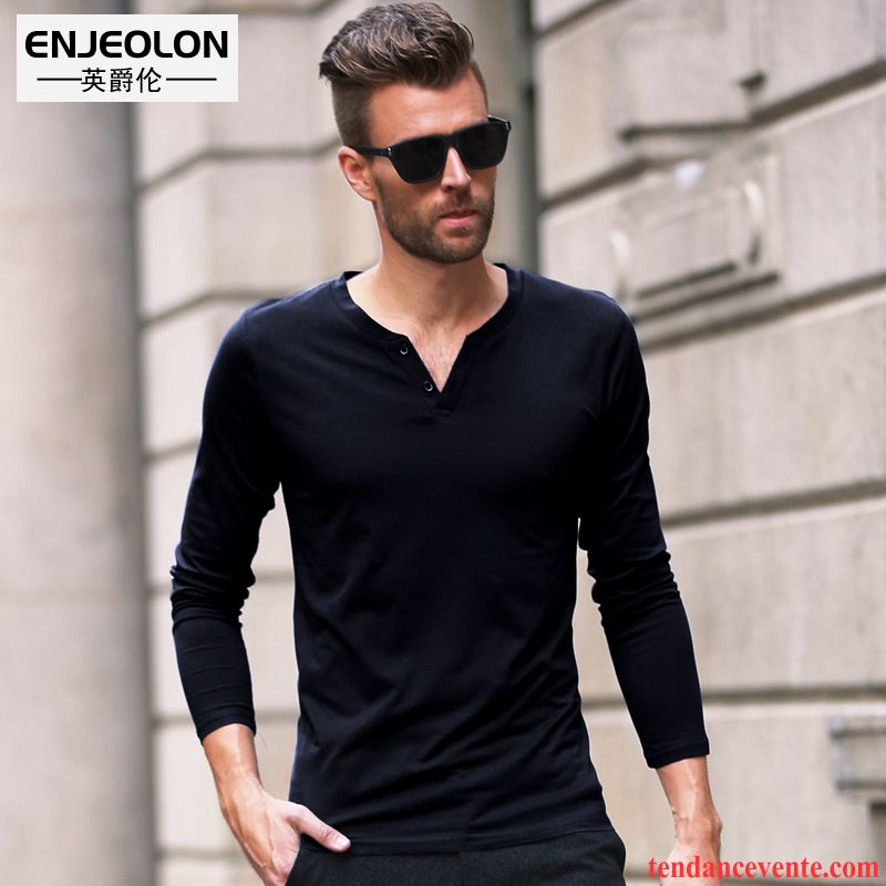 T-shirts Homme Slim Confortable Simple Longues L'automne Chemise En Bas Pure Bleu