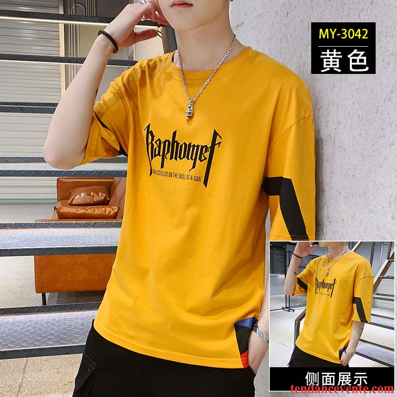 T-shirts Homme Été Courte Tendance Coton Bio Tous Les Assortis Demi Manche Jaune