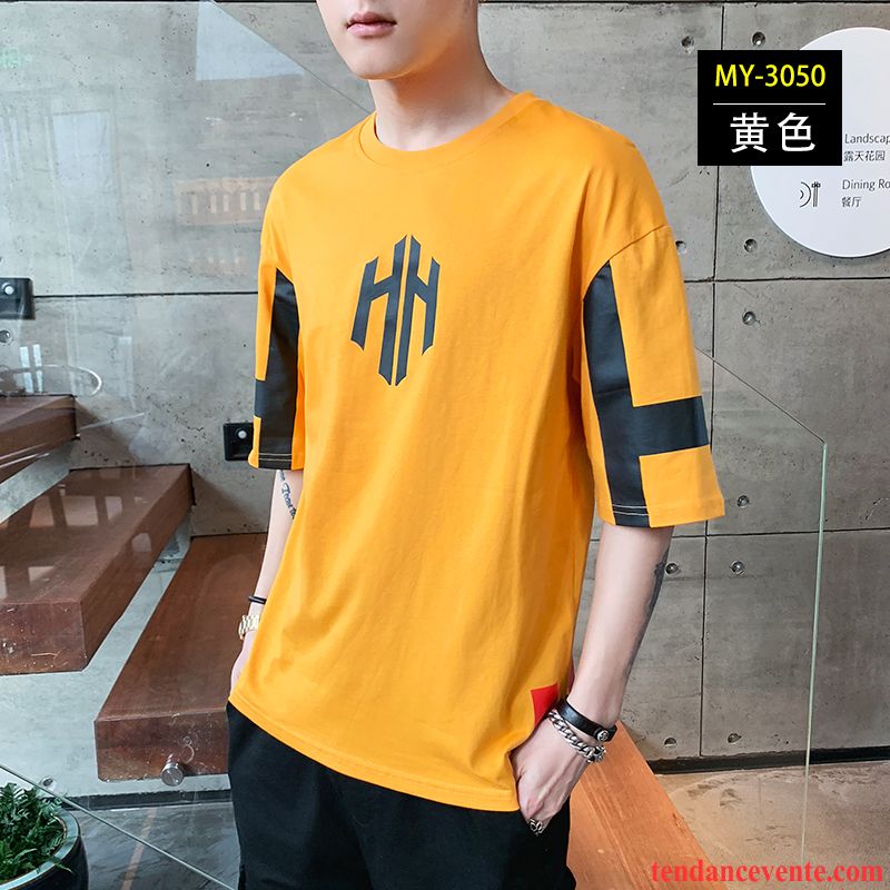 T-shirts Homme Été Courte Tendance Coton Bio Tous Les Assortis Demi Manche Jaune