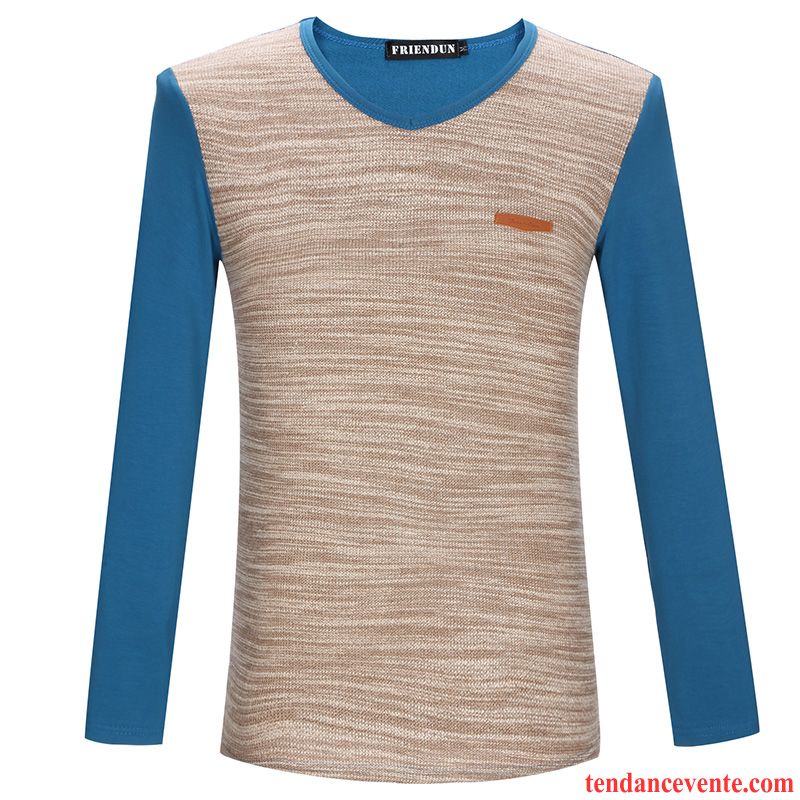 Tee Shirt Homme Col V Coton Bio Bleu Une Veste Tendance Longues Rayé L'automne Décontractée Homme Chemise En Bas Bronzer