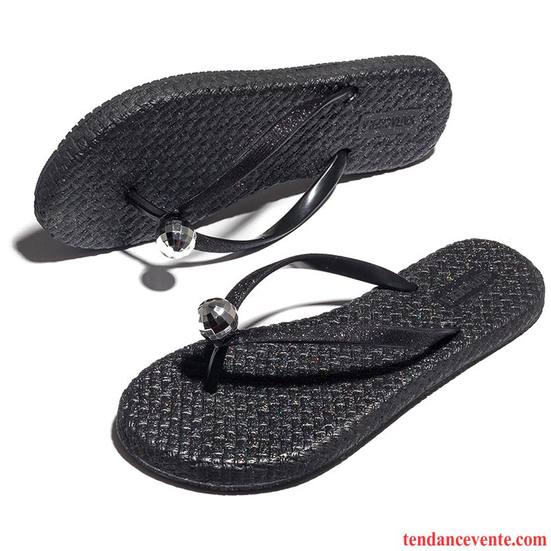 Tongs Femme Antidérapant Chaussons Strass Été Mode Plage Noir Rouge