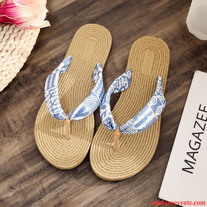 Tongs Femme Antidérapant Été Plage Chaussons Vacances Bleu