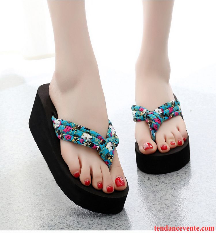 Tongs Femme Mode Talons Hauts Sandales Tous Les Assortis Semelle Épaisse Talons Compensés Bleu