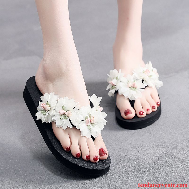 Tongs Femme Plates Mode Été Semelle Épaisse Fleur Plage Blanc