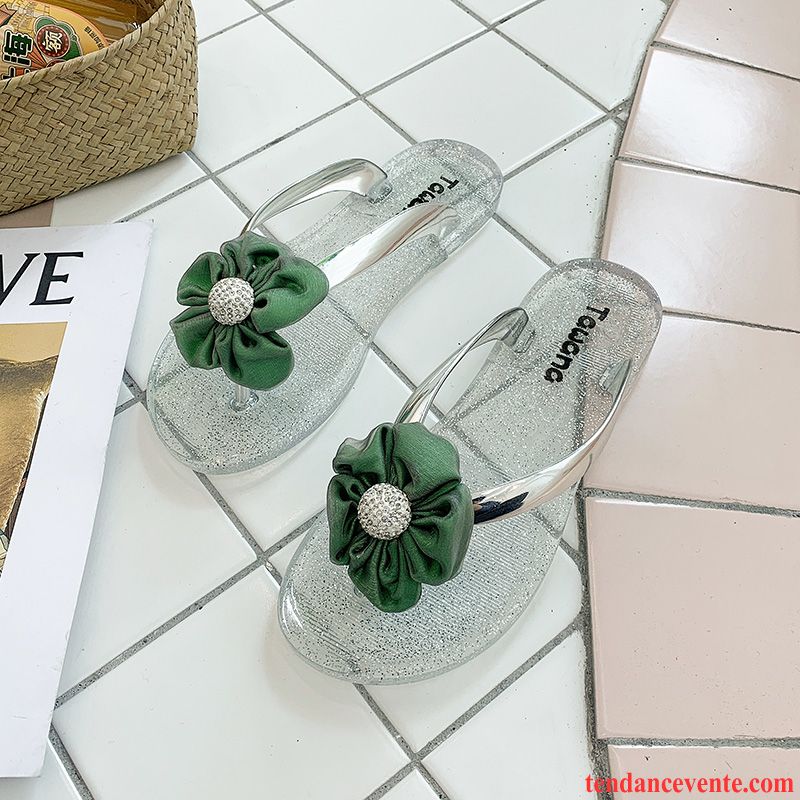 Tongs Femme Plates Plage Cristal Été Fleurs Vert