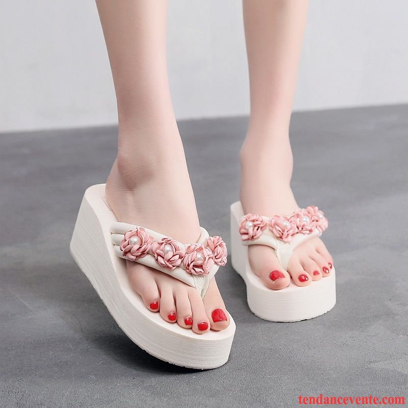 Tongs Femme Semelle Épaisse Chaussons Mode Tendance Fleurs Été Blanc Rouge