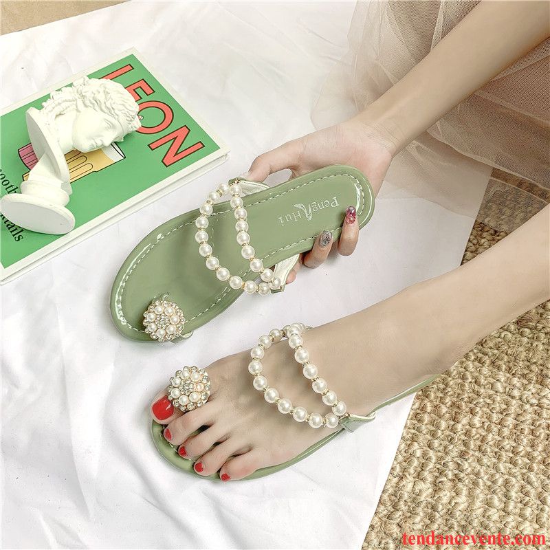 Tongs Femme Vacances Plates Plage Été Perle Chaussons Vert