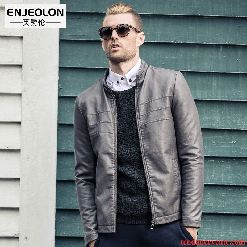 Vente Blouson Cuir Jeunesse Décontractée L'automne Hiver Cuir Slim Rétro Simple Homme Veste Pardessus Court Kaki