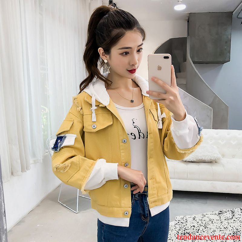 Veste Courte Blanche Femme Baggy Une Veste Étudiant Campus Vent Pardessus Mince Capuche Longues L'automne Jaune Femme Hiver