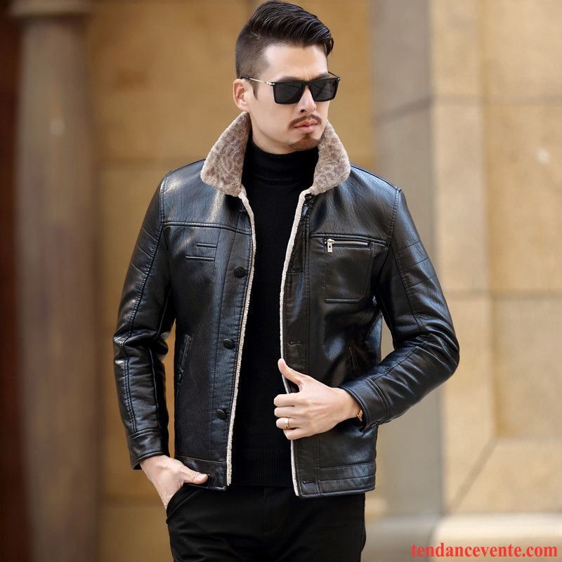 Veste Cuir Motard Homme Plus De Velours Homme Peau De Mouton Rouge Cuir Véritable Veste Pardessus Hiver Renforcé Pas Cher