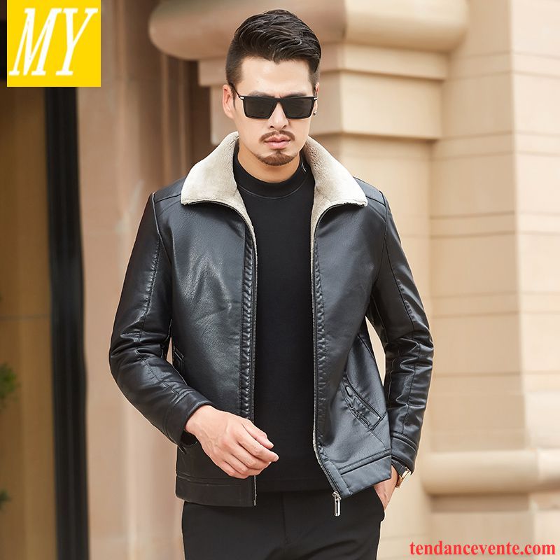 Veste Cuir Motard Homme Plus De Velours Homme Peau De Mouton Rouge Cuir Véritable Veste Pardessus Hiver Renforcé Pas Cher