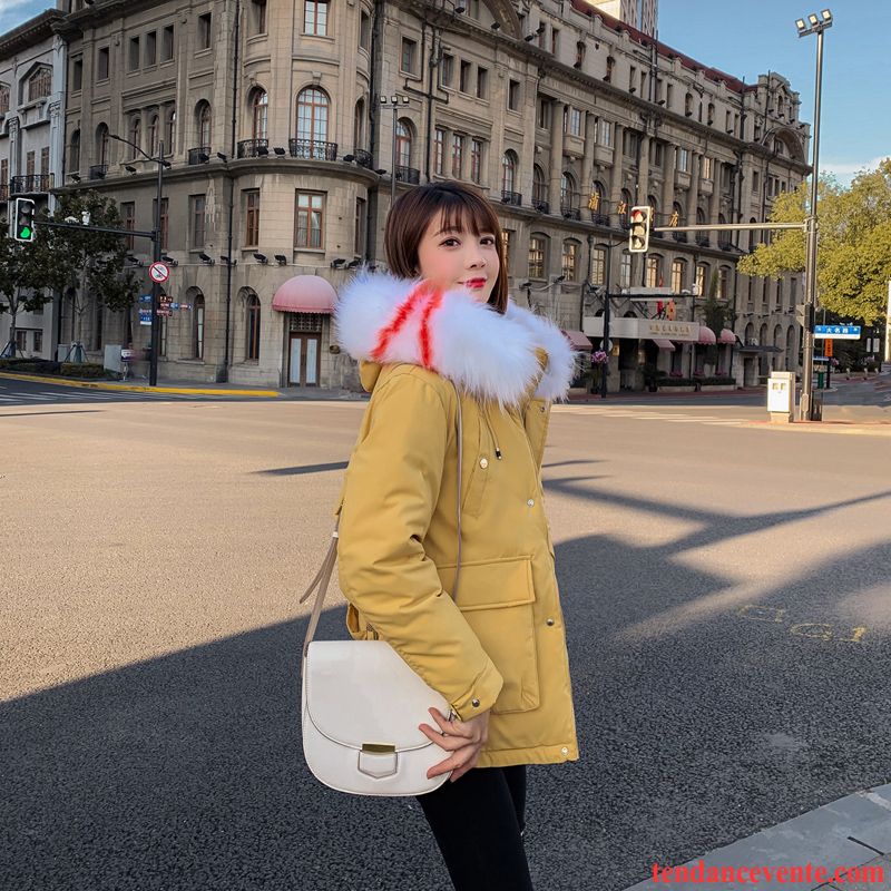 Veste En Coton Femme Longue Matelassée Longues Hiver Grand Col De Fourrure Manteau En Coton Blanc