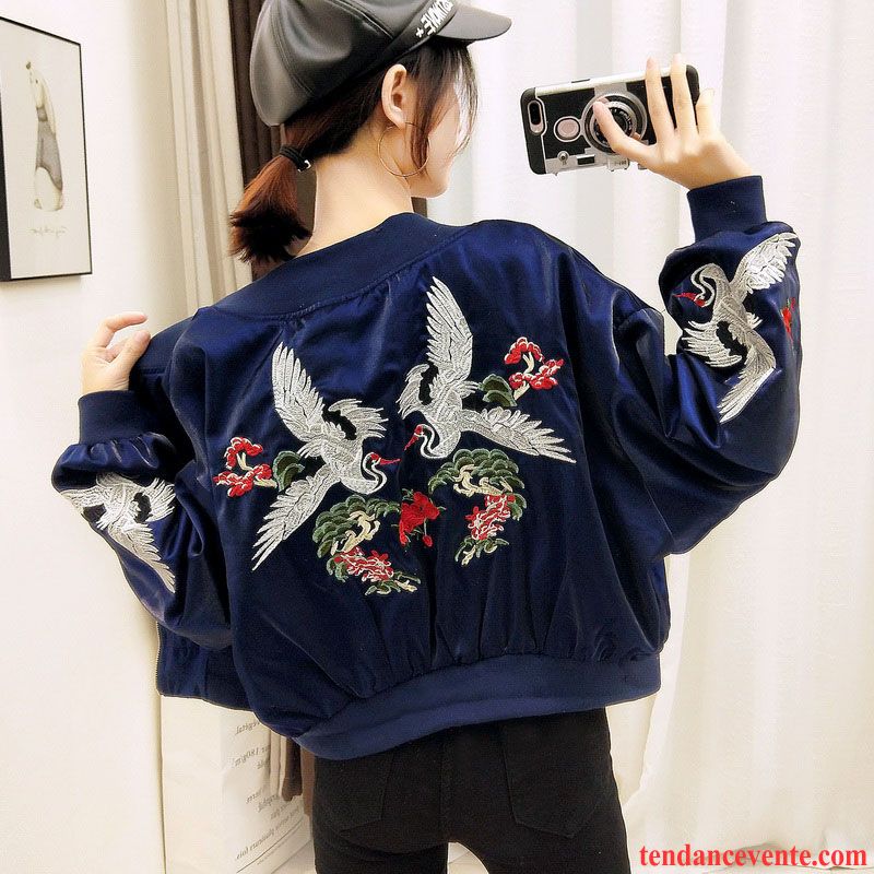 Veste En Cuir Cintrée Femme Bleu Veste Vêtements De Baseball Pardessus Court Fleurs Baggy Femme Chauve Souris Broderie L'automne Lavande Pas Cher