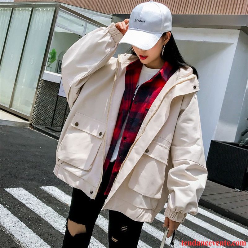 Veste Femme Cuir Noir Gros Veste Tous Les Assortis Court Poche Femme Tendance Étudiant Coupe Vent Rouge L'automne Capuche Baggy Pardessus Marron