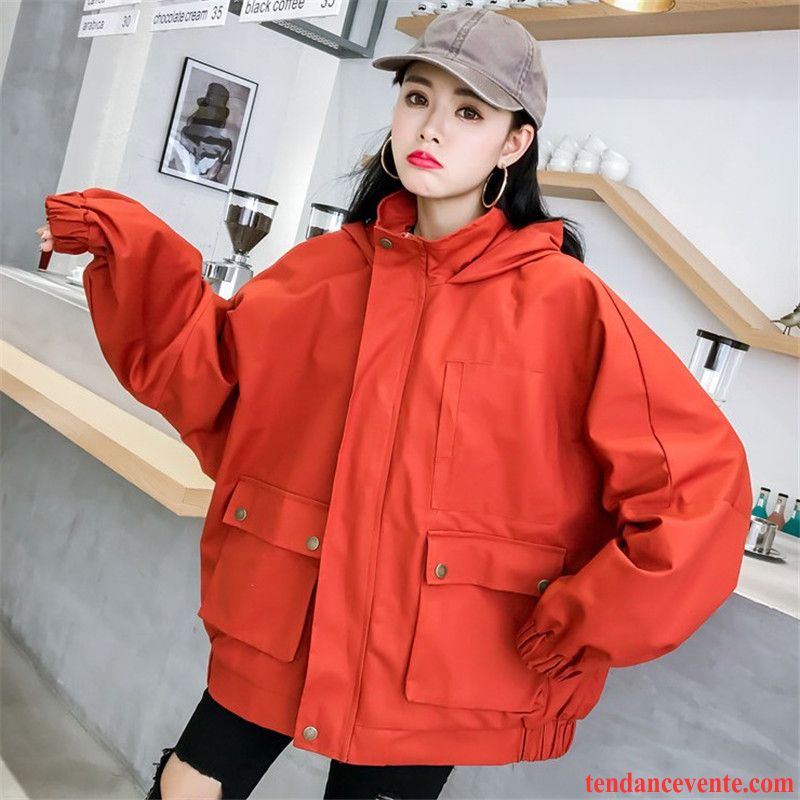 Veste Femme Cuir Noir Gros Veste Tous Les Assortis Court Poche Femme Tendance Étudiant Coupe Vent Rouge L'automne Capuche Baggy Pardessus Marron