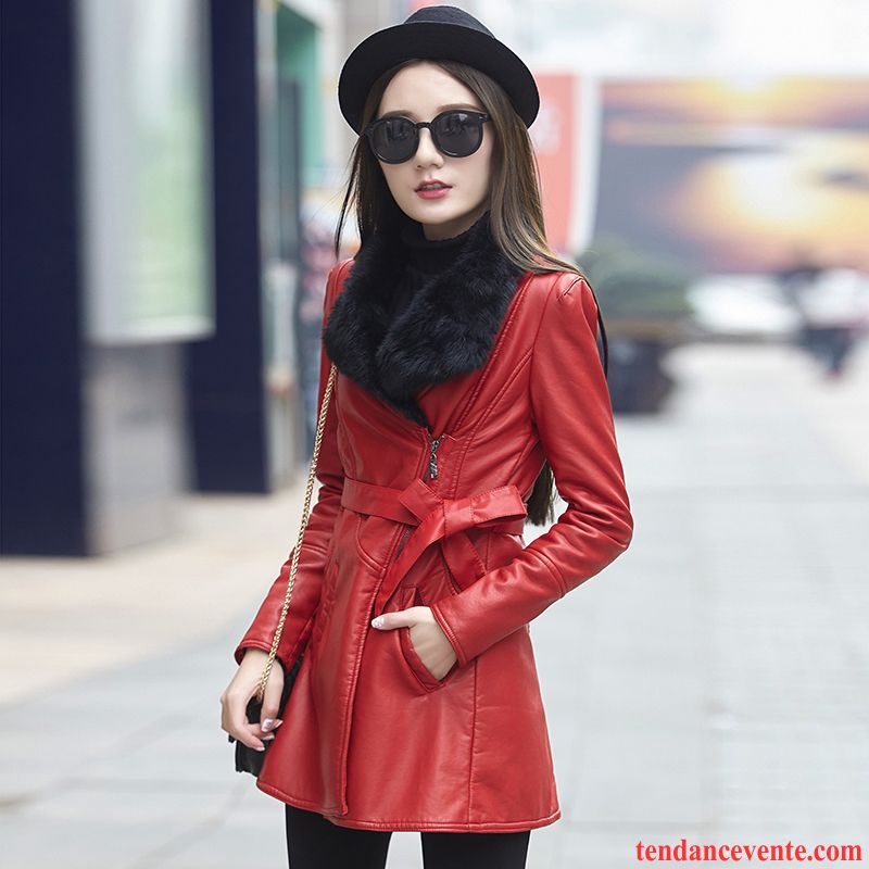 Veste Style Cuir Femme Hiver Femme Mince Slim Pardessus Col De Fourrure Longues Plus De Velours Renforcé Cuir Taillissime