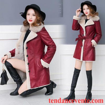 Vestes En Cuir Femme Hiver Pardessus Longue Dame L'automne Peau De Mouton Bordeaux