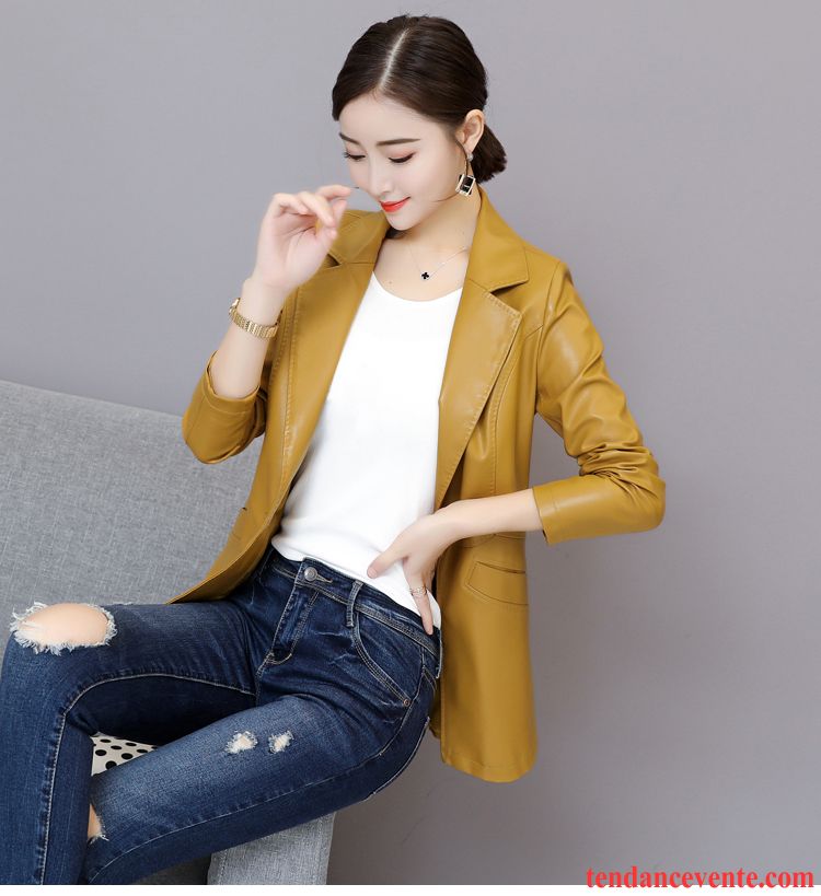 Vestes En Cuir Femme Mince Cuir Véritable Longues Peau De Mouton Printemps L'automne Jaune