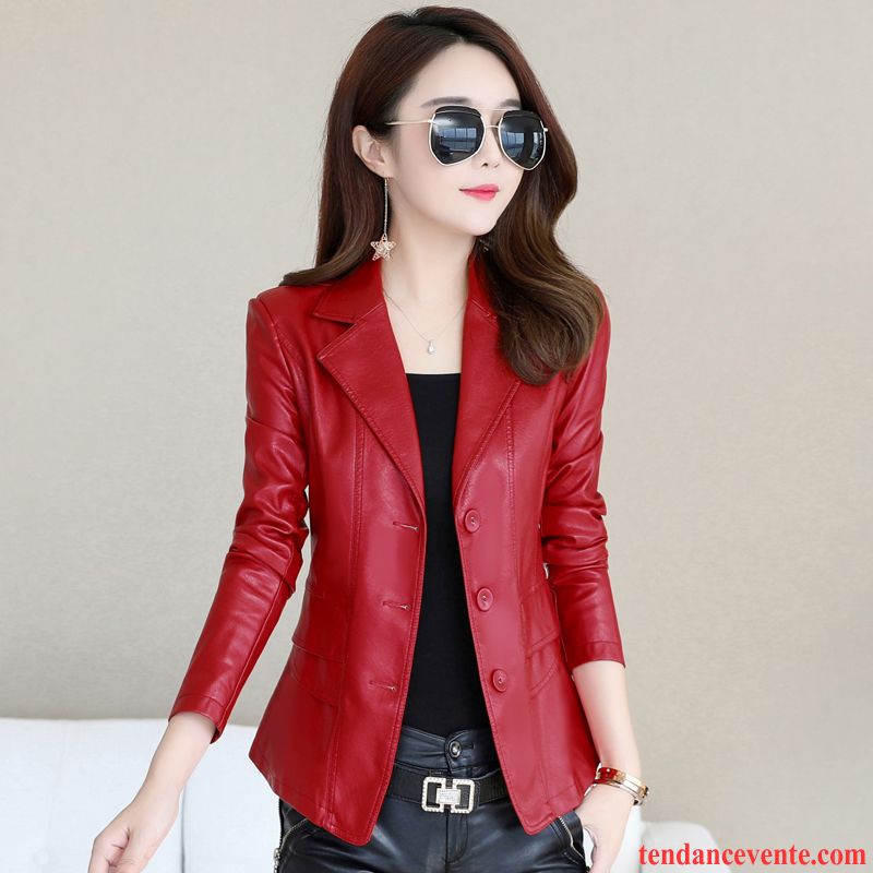 Vestes En Cuir Femme Mince Peau De Mouton Cuir Véritable Pardessus Court Slim Rouge