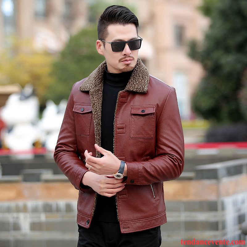 Vestes En Cuir Homme Pardessus Hiver Renforcé Beau Plus De Velours Slim Rouge