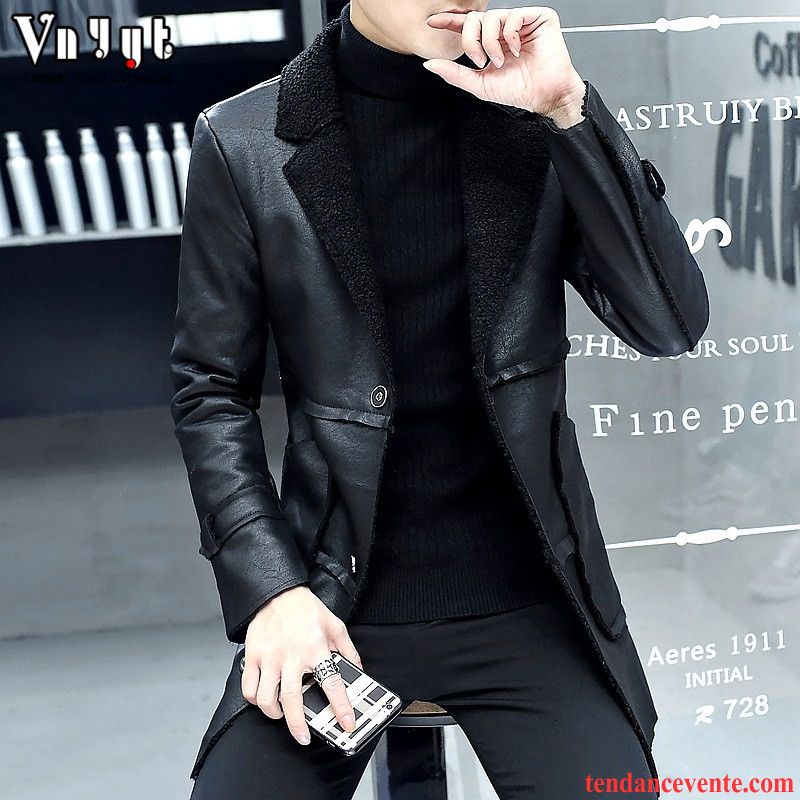 Vestes En Cuir Homme Renforcé Pardessus Hiver Personnalité Plus De Velours Longue Noir