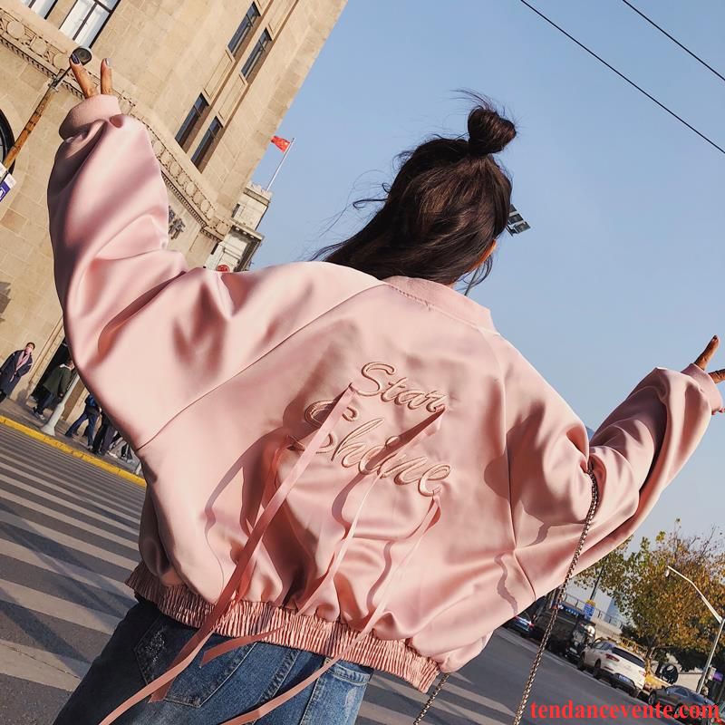 Vestes Femme Broderie Courte Printemps Pardessus Vêtements De Baseball L'automne Rose