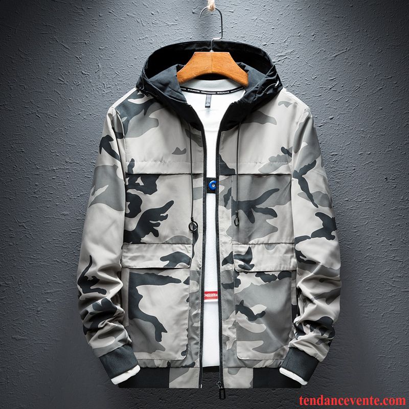 Vestes Homme Étudiant Capuche Hiver Pardessus Bleu Camouflage Blanc