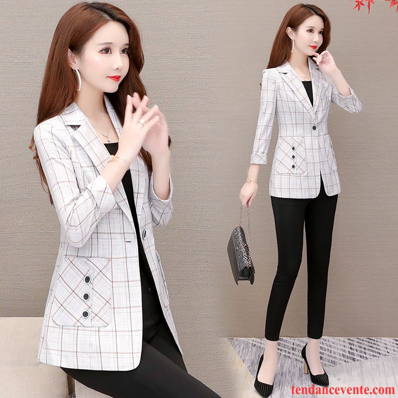 Blazer Femme Décontractée Pardessus La Mode Carreaux Court Dame