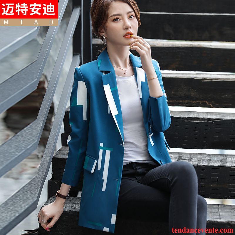 Blazer Femme Mince Professionnel Longues Tempérament L'automne Costume Couleur De Contraste Bleu