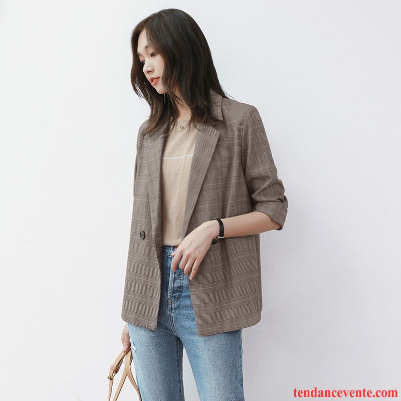 Blazer Femme Pardessus L'automne Carreaux Vérifier Carreaux Rétro Court Marron