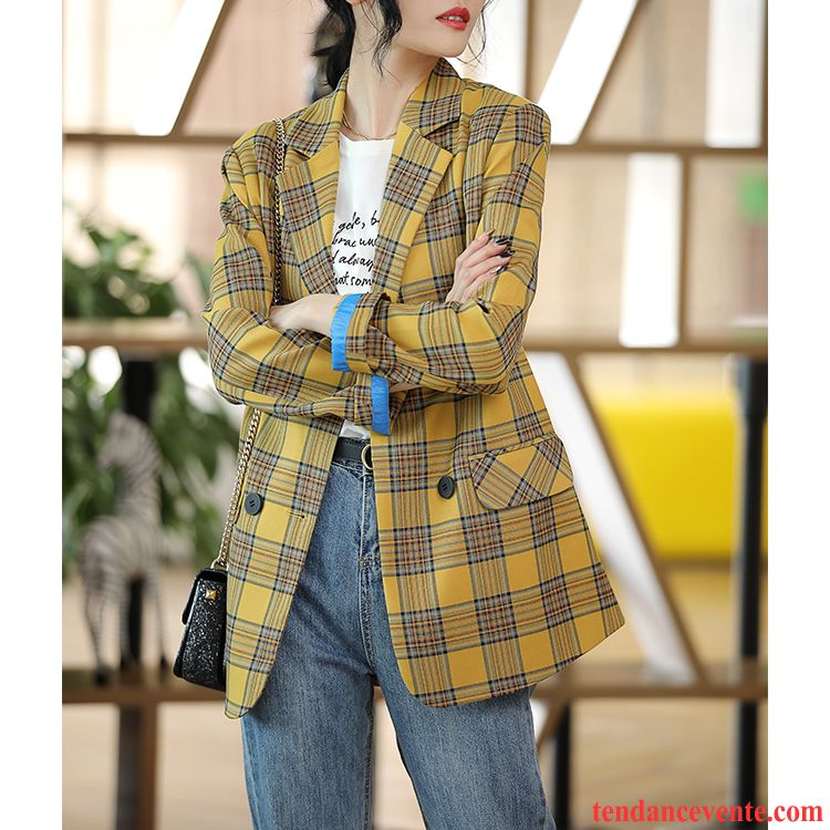 Blazer Femme Rétro Costume Baggy Carreaux L'automne Une Veste Jaune