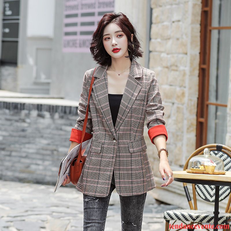 Blazer Femme Une Veste Dame Décontractée Mode L'automne Carreaux Rouge