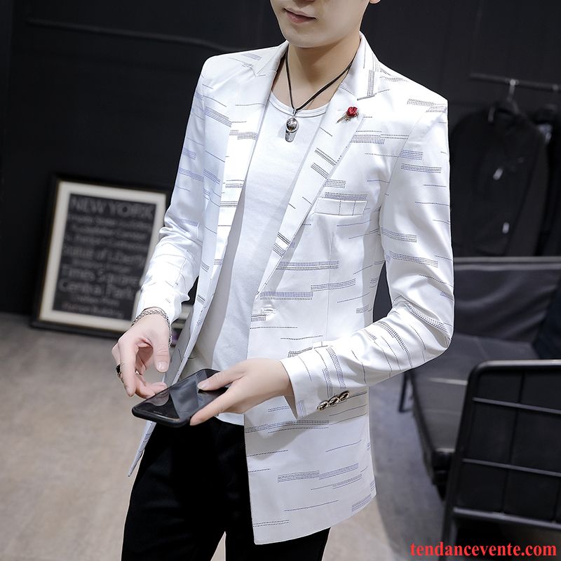 Blazer Homme Carreaux Tendance Longue Coupe Vent Beau Légère Blanc