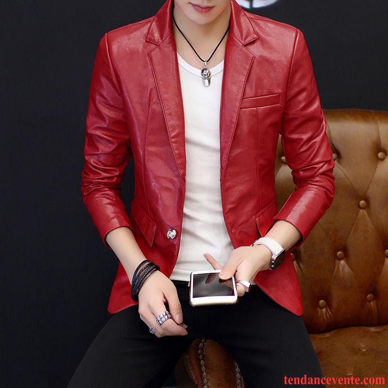 Blazer Homme Tendance Beau Slim Printemps Veste Cuir Rouge