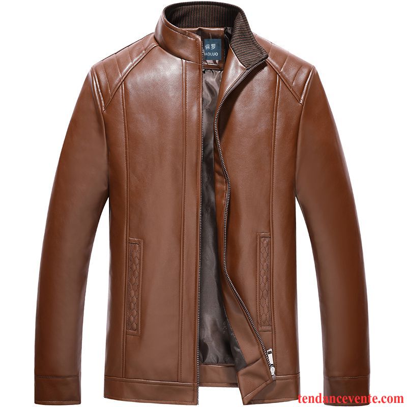 Blouson Cuir Aviateur Rouge Homme Mince Plus De Velours Vêtements D'hiver Pardessus Col Mandarin Veste Décontractée L'automne Cuir Or Soldes