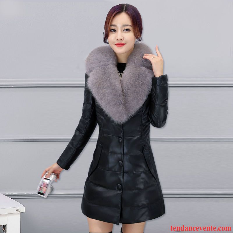 Blouson Cuir Bleu Femme Tendance Luxe Pardessus Hiver Matelassé Slim Tempérament Femme Cuir Longue Grand Col De Fourrure Mince Pas Cher