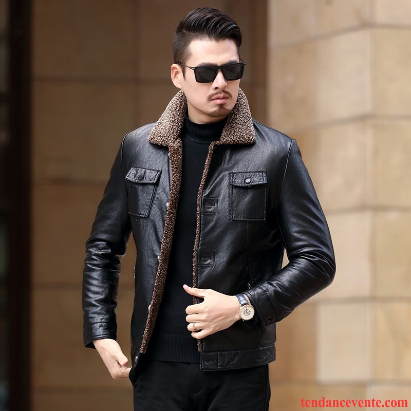 Blouson Cuir Moto Homme Renforcé Cuir Veste Hiver Beau Vêtements D'hiver Noir Pardessus Slim Plus De Velours Homme