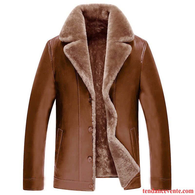 Blouson Cuir Moto Manteau Veste Homme Pardessus Renforcé Hiver Pu Plus De Velours Cuir Rouge Beige