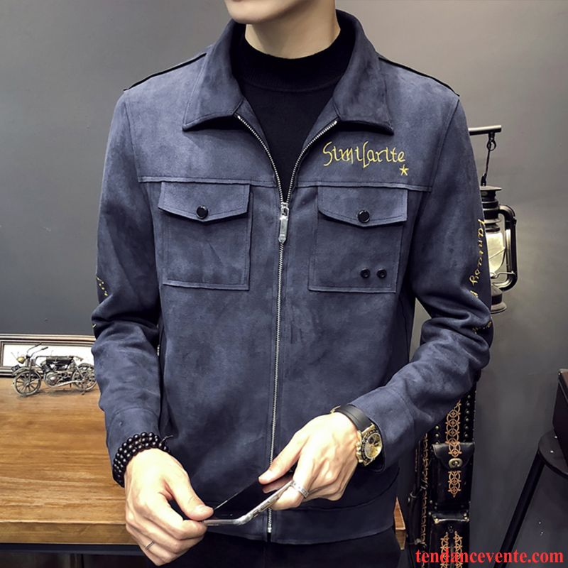 Blouson Homme Mi Saison Cuir Suède Beau Slim Revers Roulé Pardessus Printemps Bleu Tendance Veste Homme L'automne